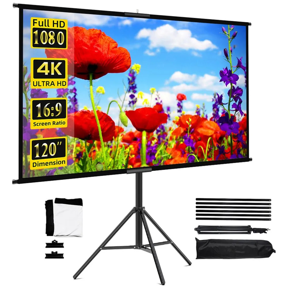 120 Inch Projector Screen with Stand 16:9 4K HD Portable Tripod Movie Screen