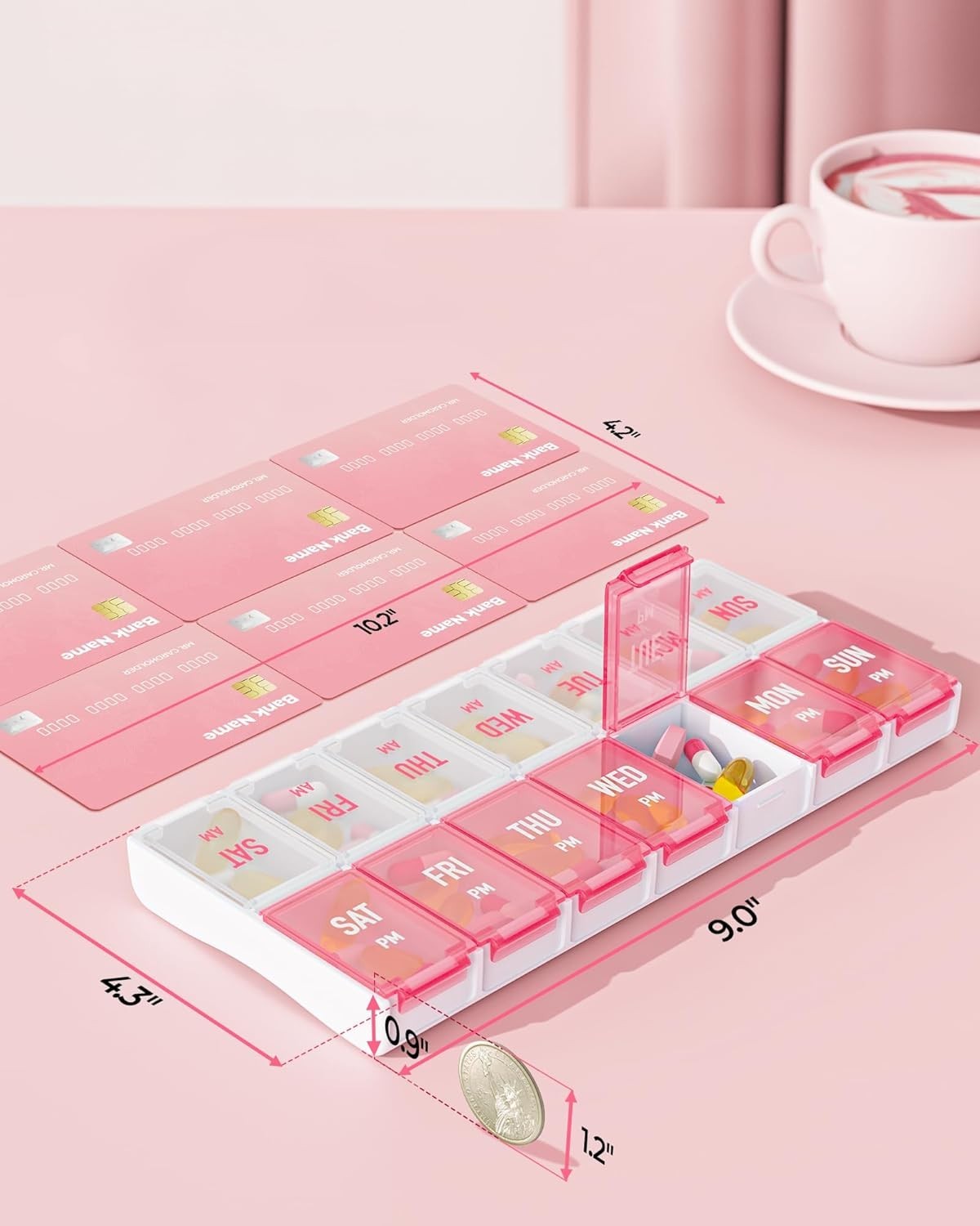 Weekly Pill Organizer 2 Times a Day, Stylish Pill Box 7 Day AM PM with Large Com