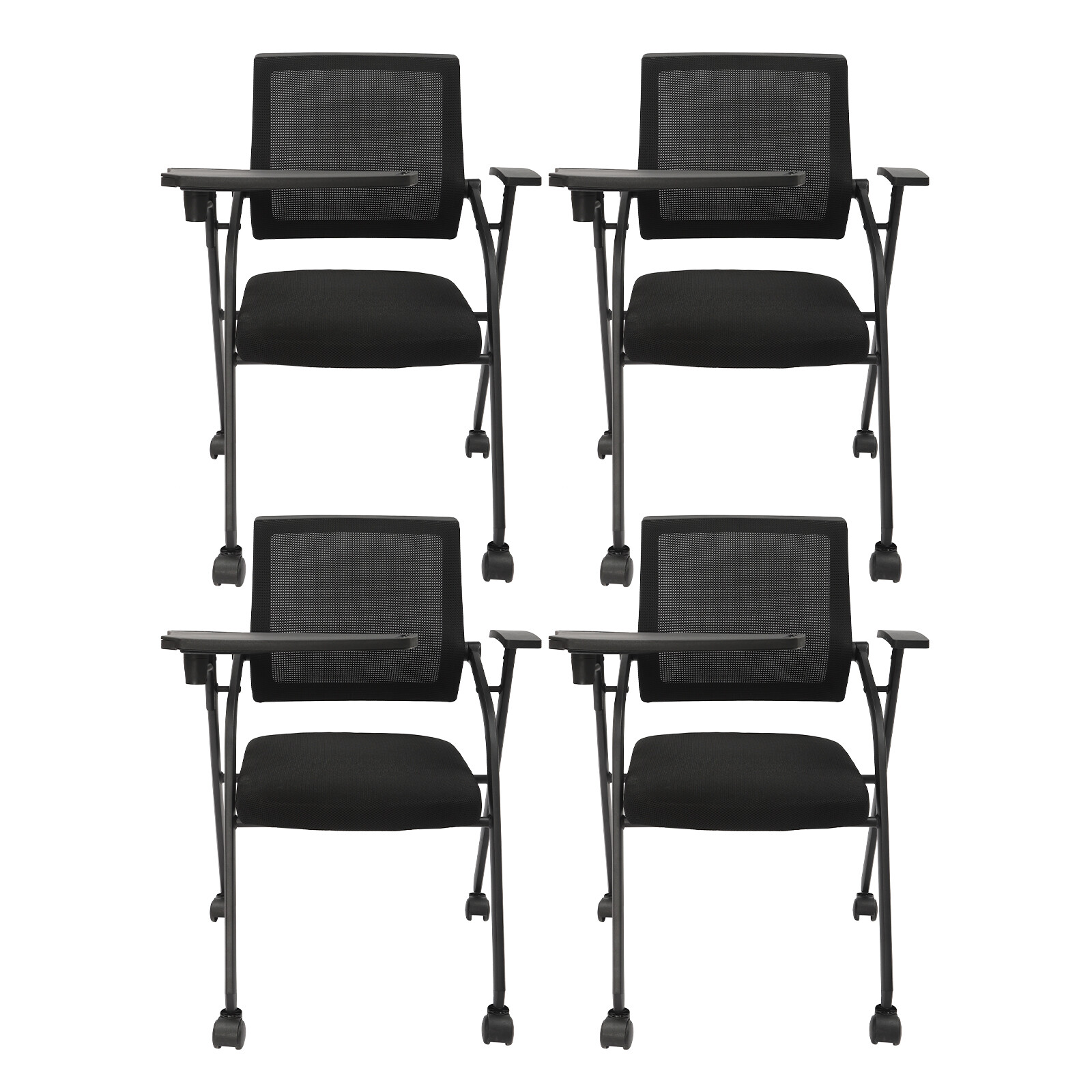 4 Pack Foldable Office Chairs with Tablet Arm, Black Mesh Collapsible Desk Chair