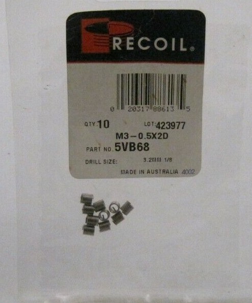 Package of 10 Recoil M3-0.5 Thread Inserts (M3-05X2D) Prepaid Shipping