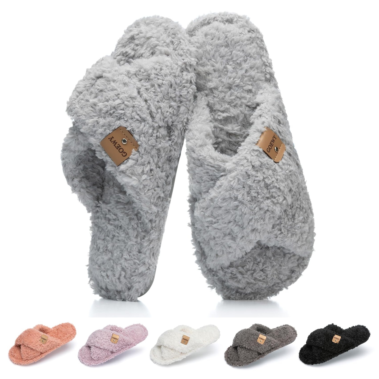 GOEWY Fuzzy Open Toe Slippers for Women Indoor and Outdoor with Memory Foam C...