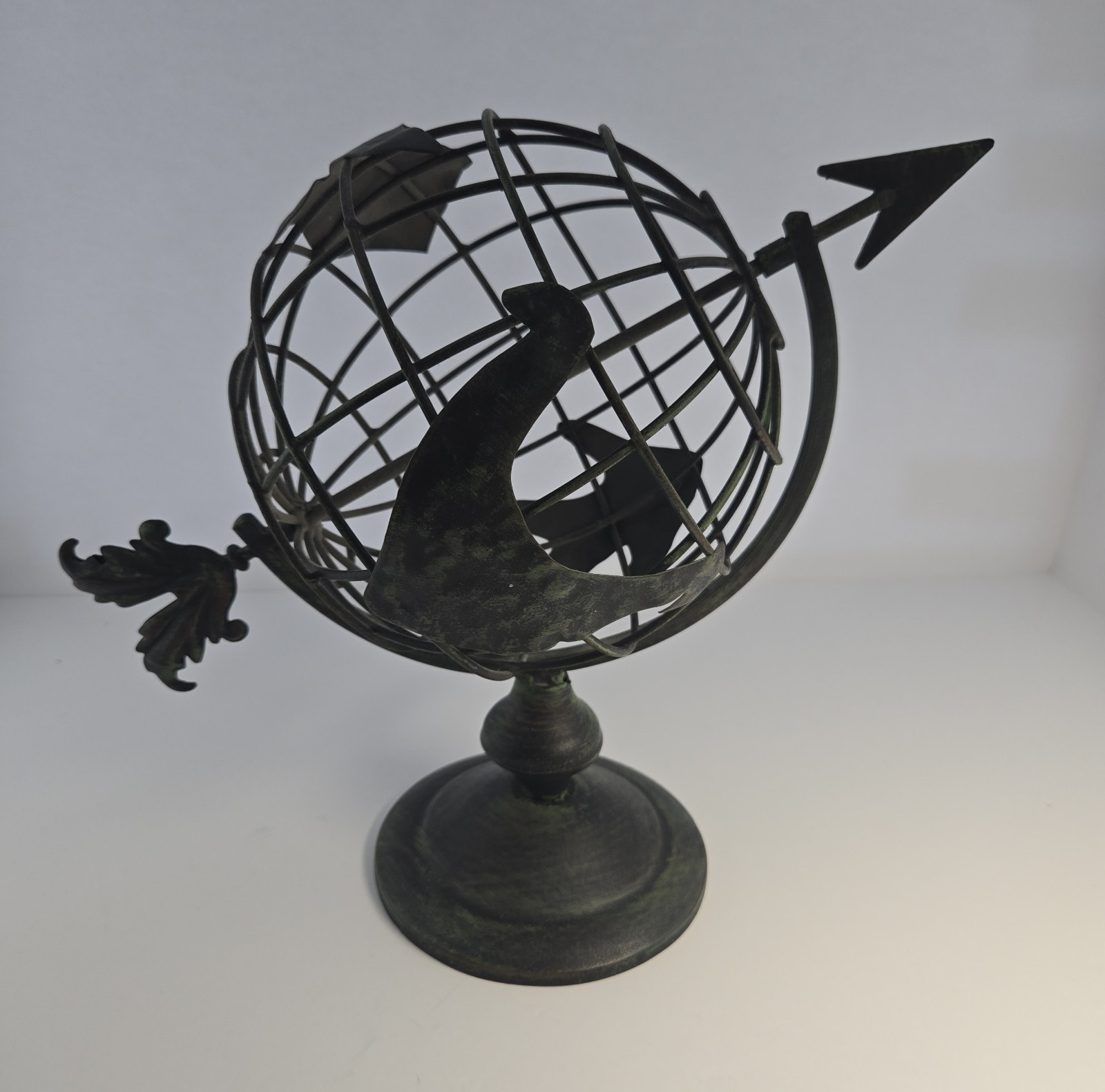 Antique Style Metal Armillary Sphere Globe Black Dark Green w/ Base
