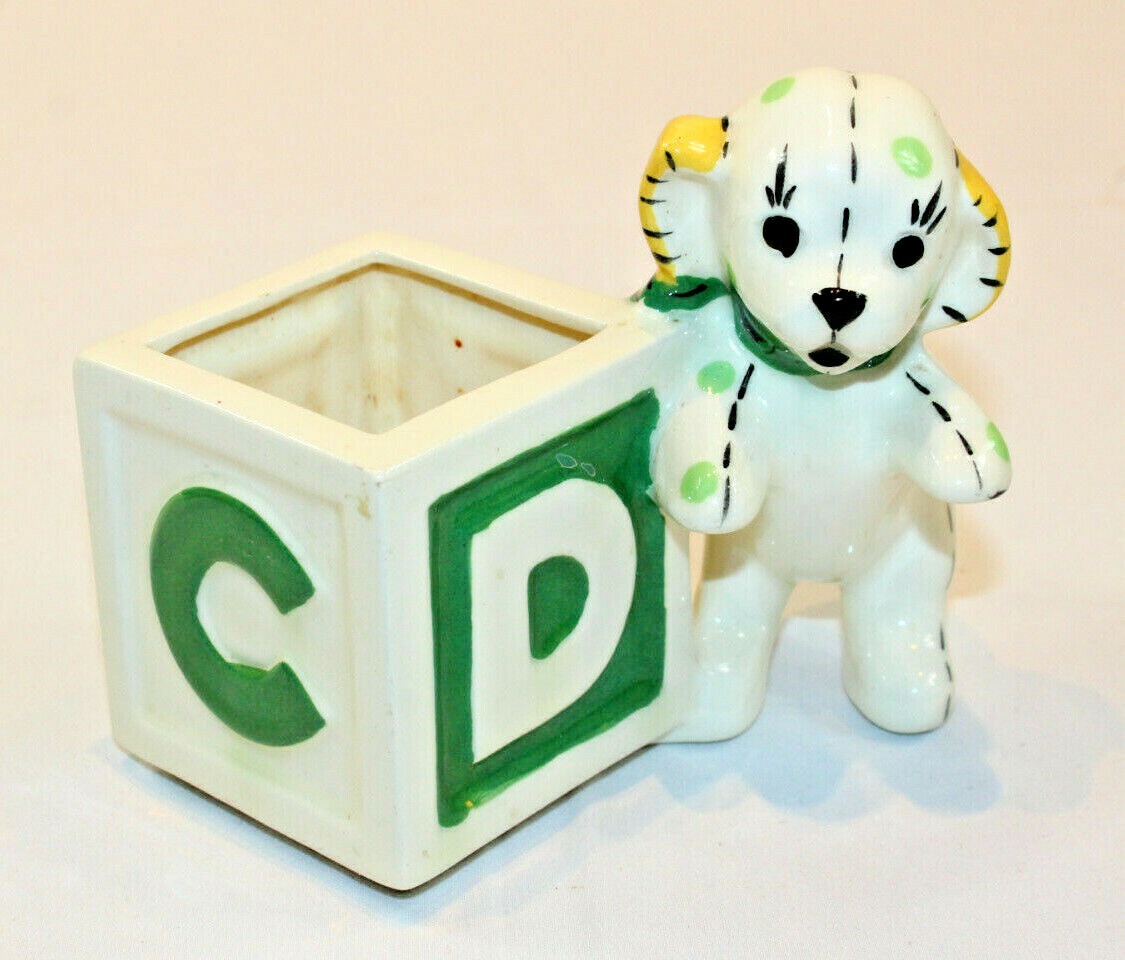 Japan ABC Block Puppy Dog Green Polka Dot Ceramic Planter 4 3/4" tall Vintage