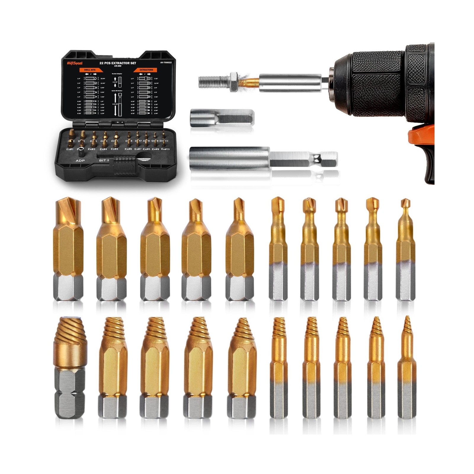 AV Steel 22 Pieces Damaged Screw Extractor Set, Easy Out Screw ... FAST USA SHIP