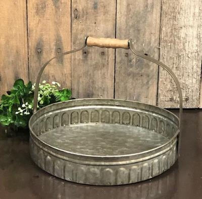 NEW PRIMITIVE AGED TRAY GALVANIZED Metal Handle Country Kitchen Tabletop 10" W
