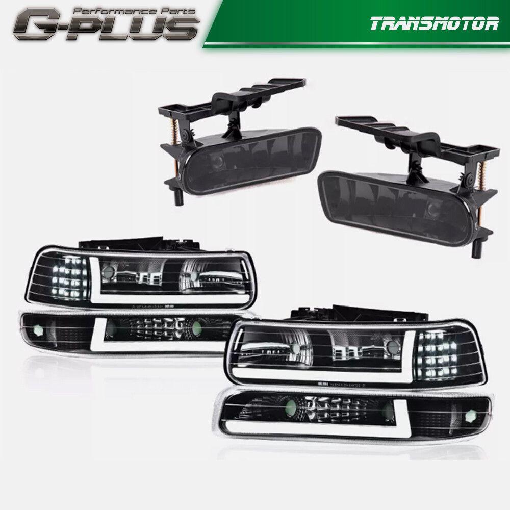 Clear/Black LED Tube DRL Headlight & Fog Lights Fit For 99-06 Silverado/Suburban