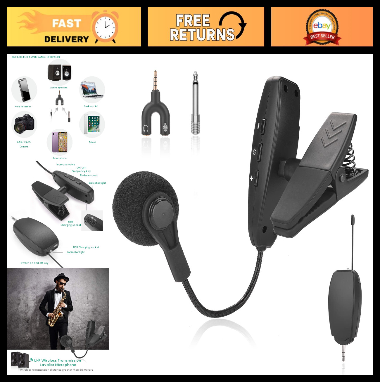 Wireless UHF Clip-On Microphone for Instruments, 131ft Range, 1/8 & 1/4" Ports