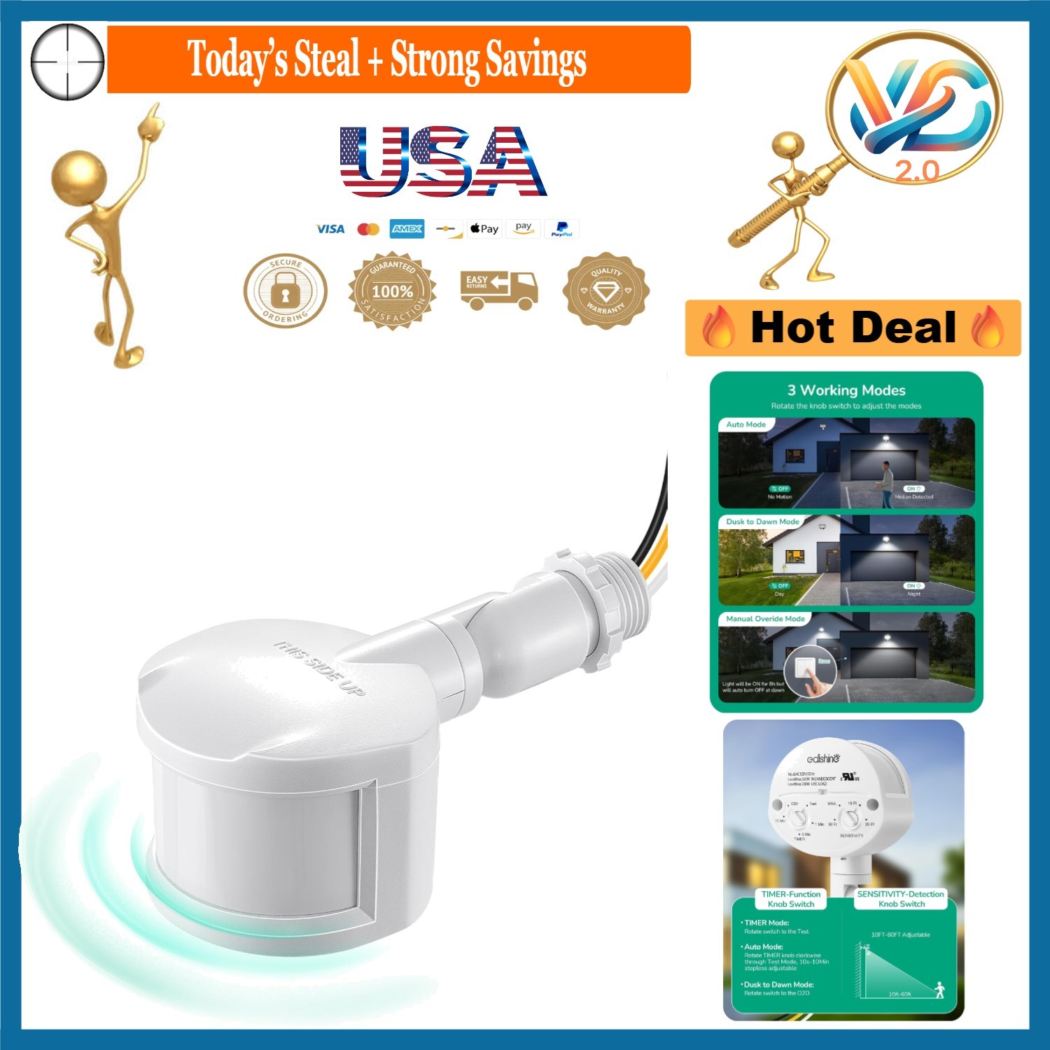 Listed 180° Motion Sensor Detector for Floodlights 120V Adjustable Range
