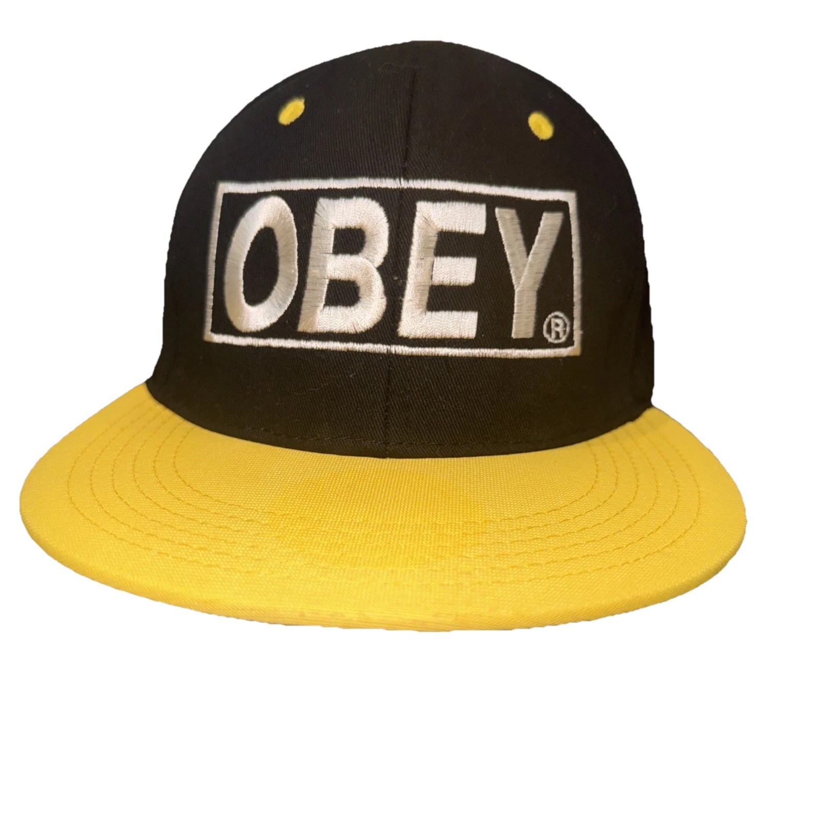 OBEY in Gray on Black Hat Cap w Yellow Bill & Accents Snapback Cotton