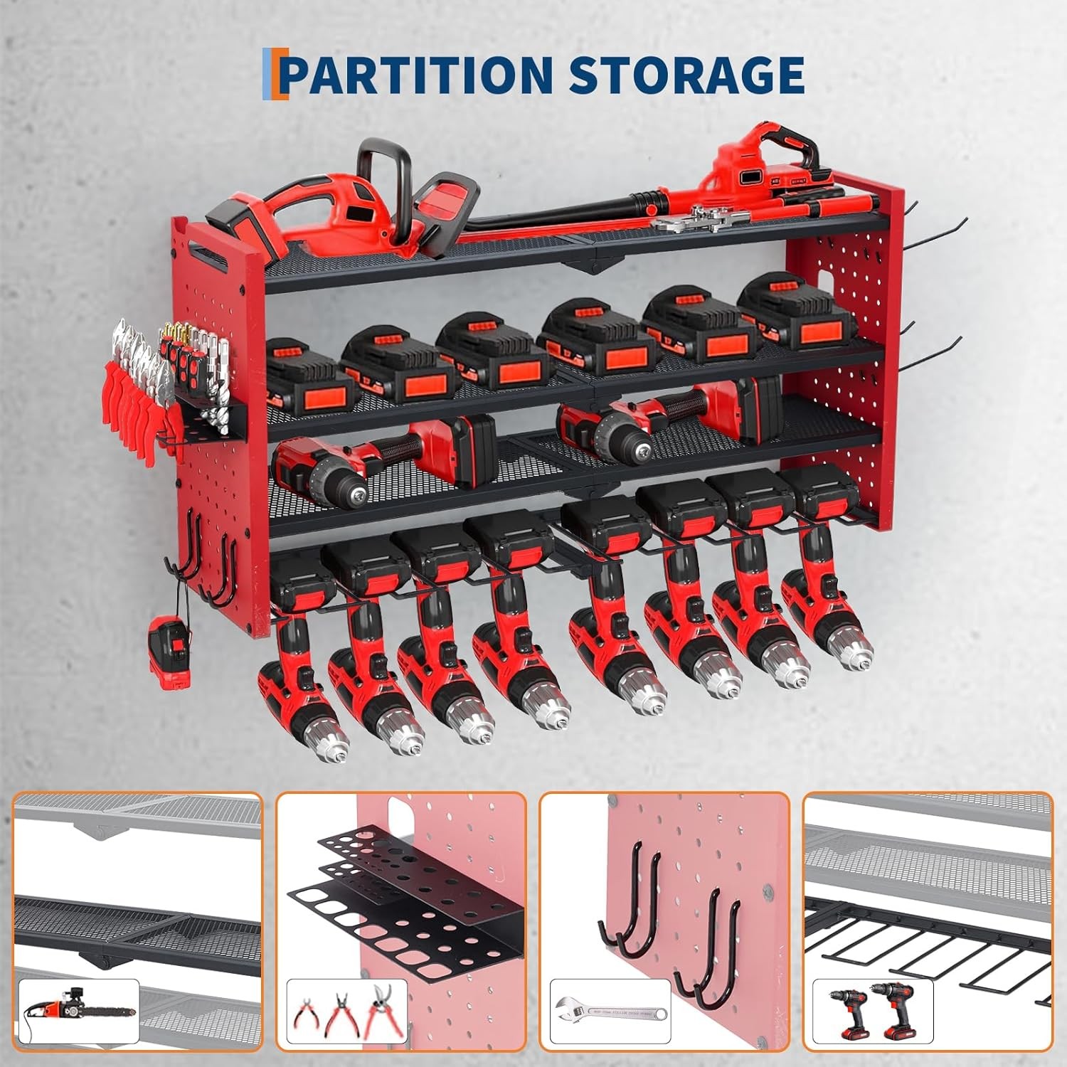 Power Tool Organizer Wall Mounted 4-Layer Drill Storage Rack w/ 8 Drill Holders
