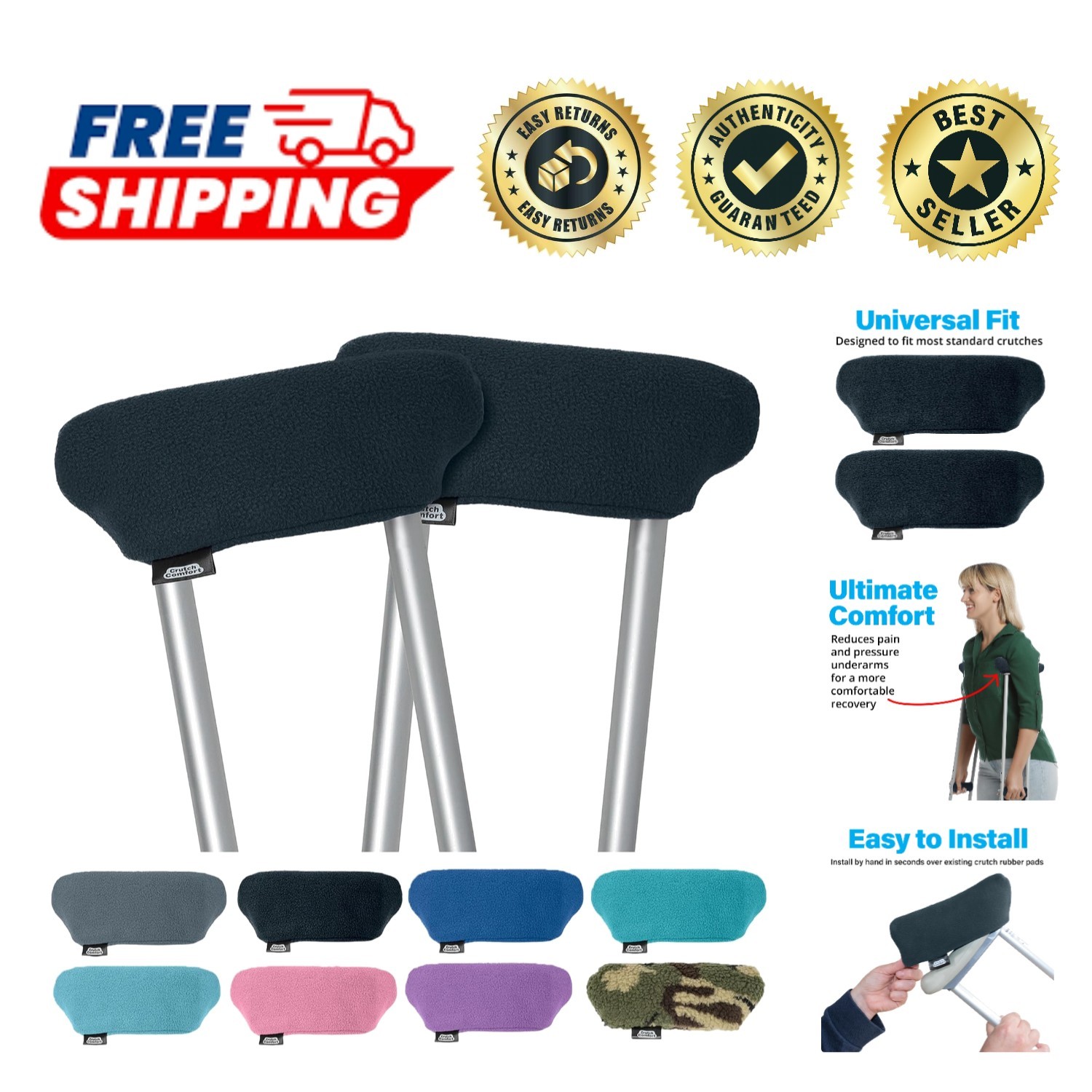 Elegant Underarm Crutch Pad Covers in Soft Fleece - Durable Memory Foam Design