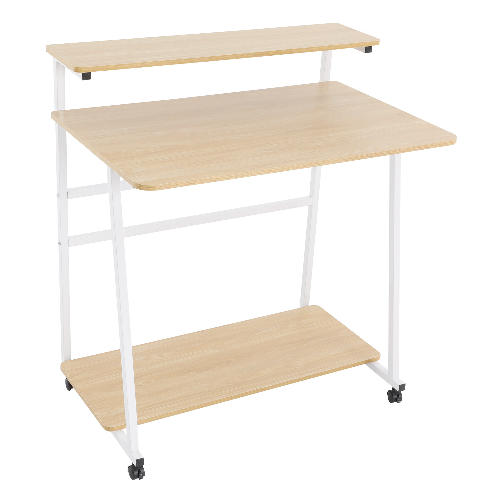 3-tier Computer Desk, Home Office Desk, Rolling Computer Desk, White, Log Color