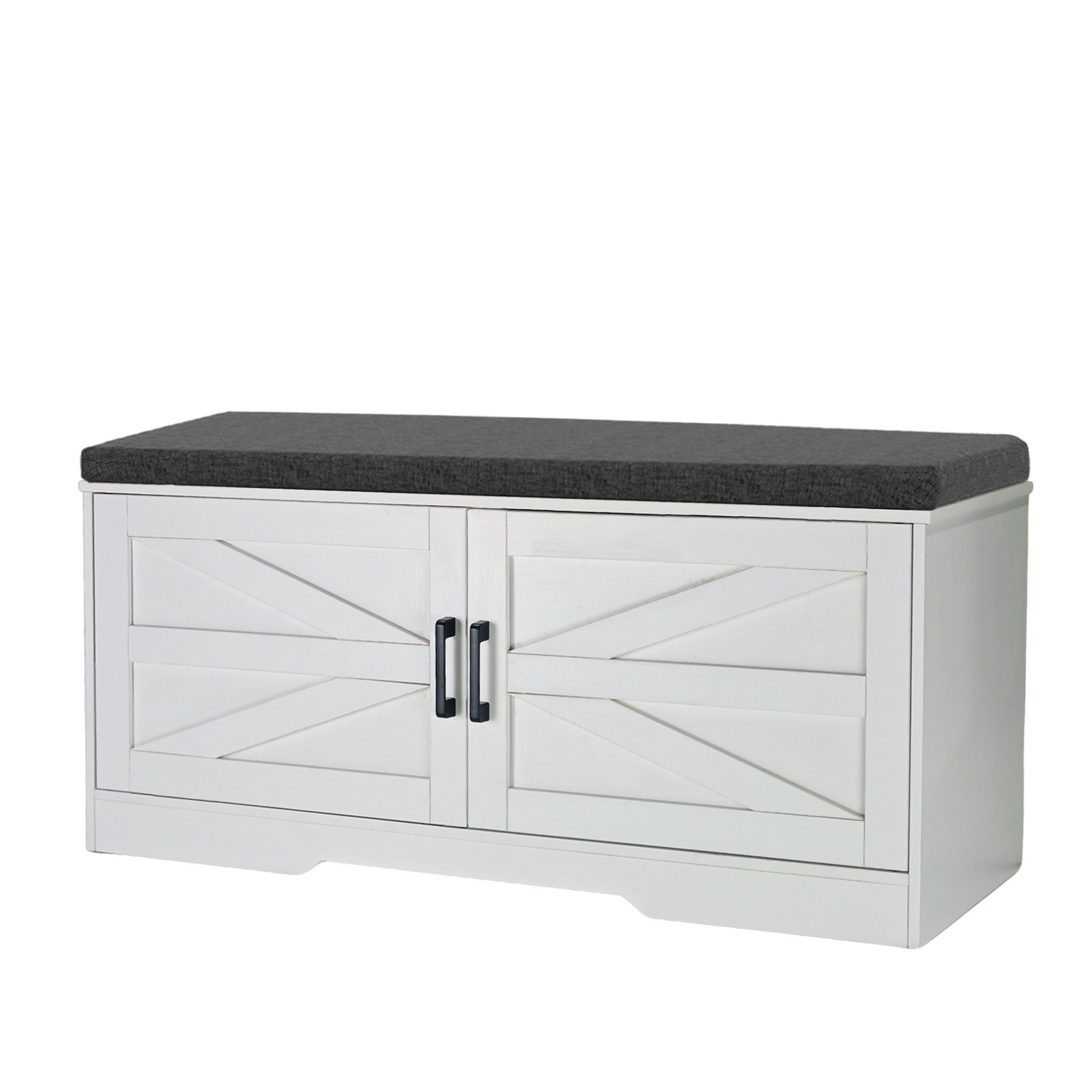 Farmhouse Shoe Bench with Cushion 2-Tier Storage 2 Barn Doors 39.4" W White