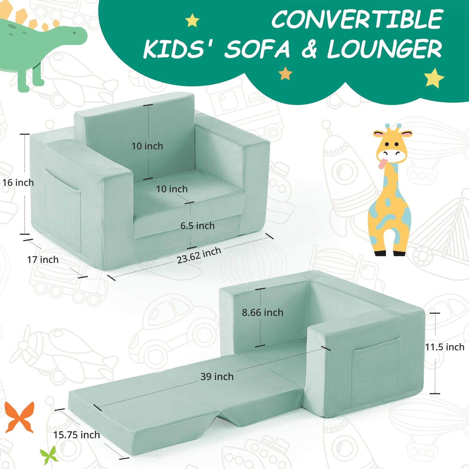 Kids Couch, 2-in-1 Toddler Chair Comfy 1-3 Years, Convertible Kids Chair, Tod...