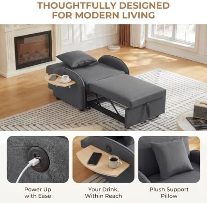 Sleeper Chair with Pull Out Bed, 5 in 1 Single Sofa Bed, Gray | Adjustable Backr