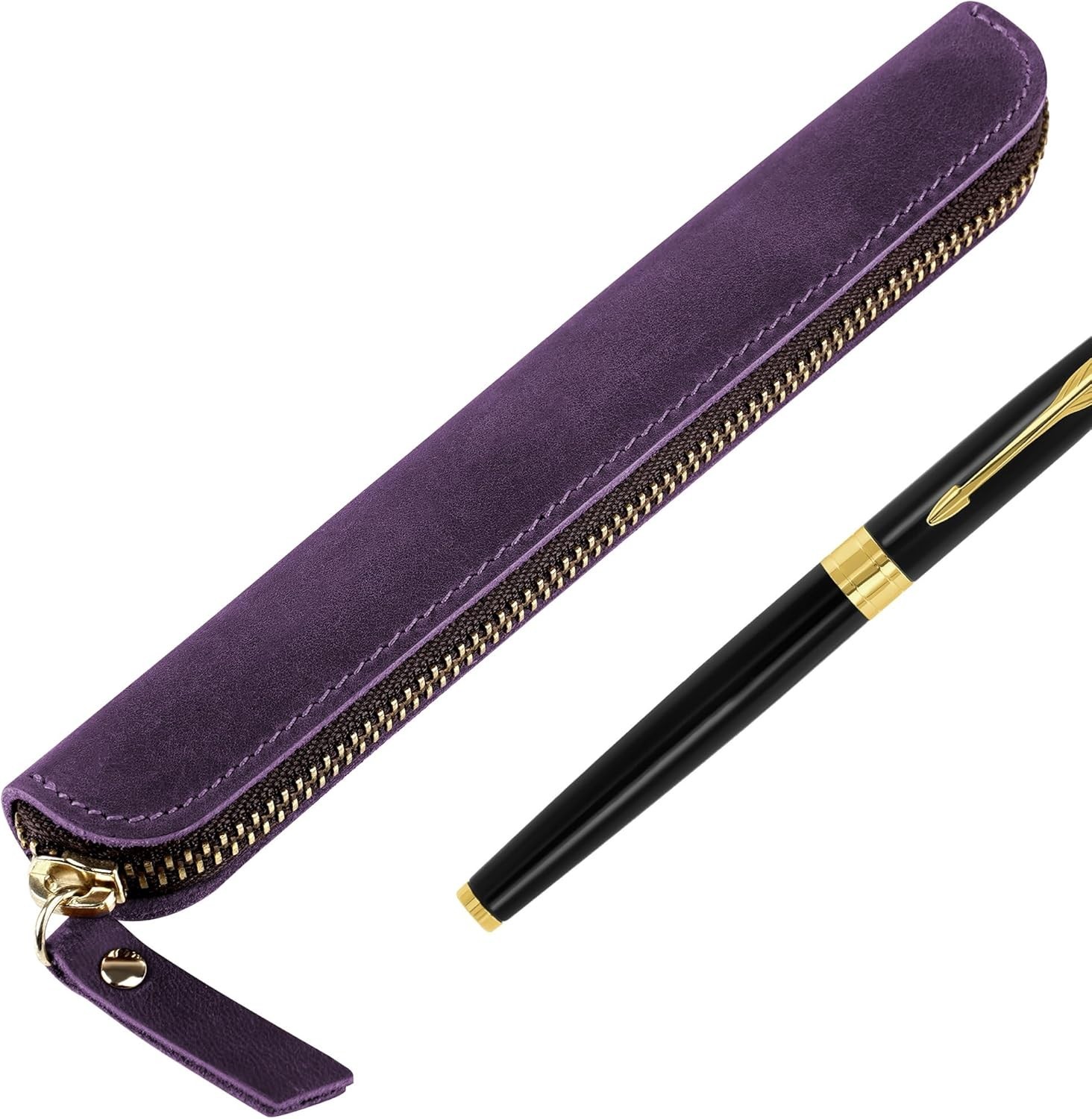 Crazy Horse Leather Zipper Pen Pouch Handmade, Single Pen Case Fountain Pen S...