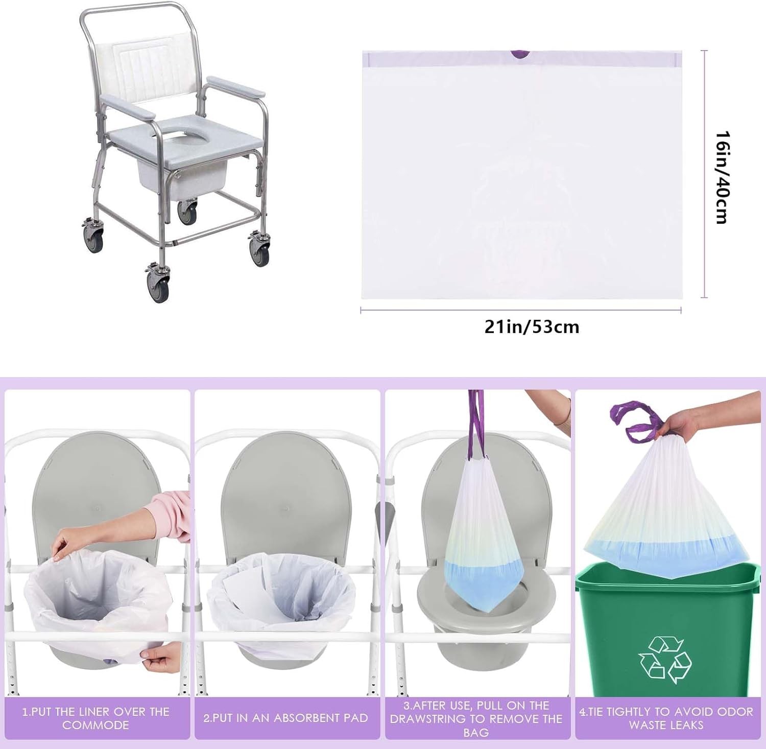 Commode Liners with Absorbent Pads for Bedside Commode, 50Bags+50Pads