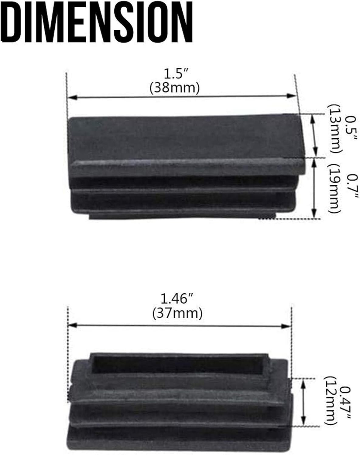 Durable 16-Pack Black Plastic Chair Glide Caps, 1/2" x 1 1/2" Rectangle Tubing