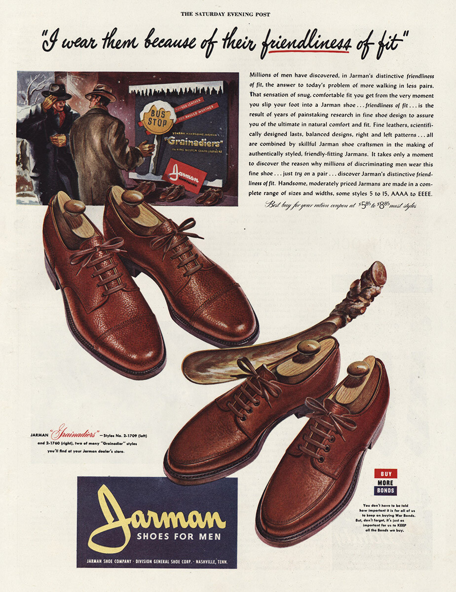 1944 Jarman Shoes: Friendliness of Fit Vintage Print Ad