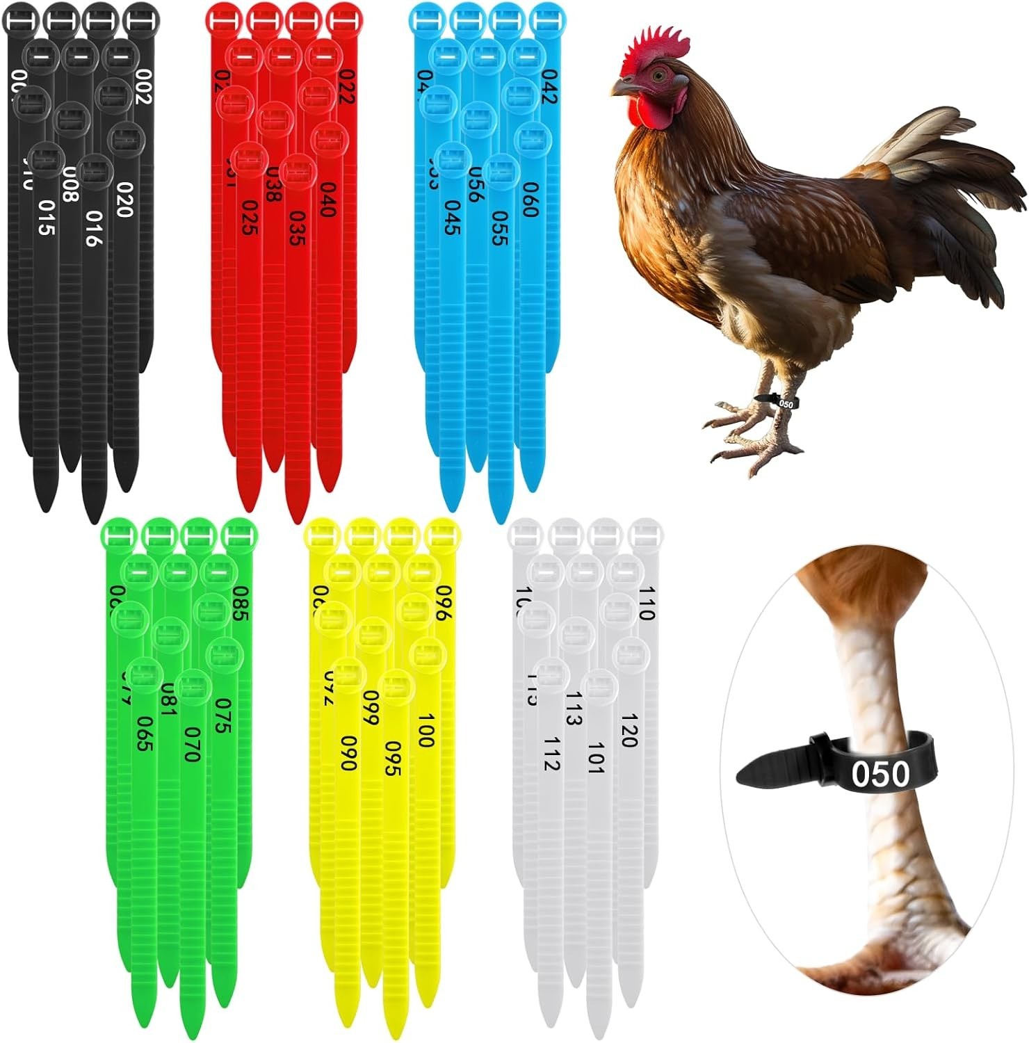 120 Pcs Adjustable Numbered Chicken Leg Bands Colorful Poultry Rings 10-30mm