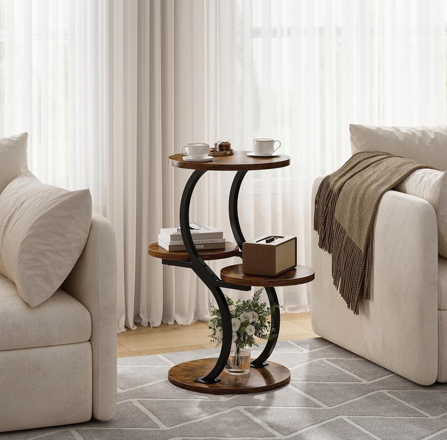 4-Tier S-Shaped Round Side Table - Rustic Brown End Coffee Accent Sofa Table