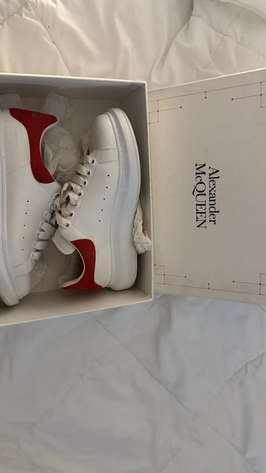 Alexander McQueen White Red Leather Lace Up Men's Comfort Sneakers Round Toe