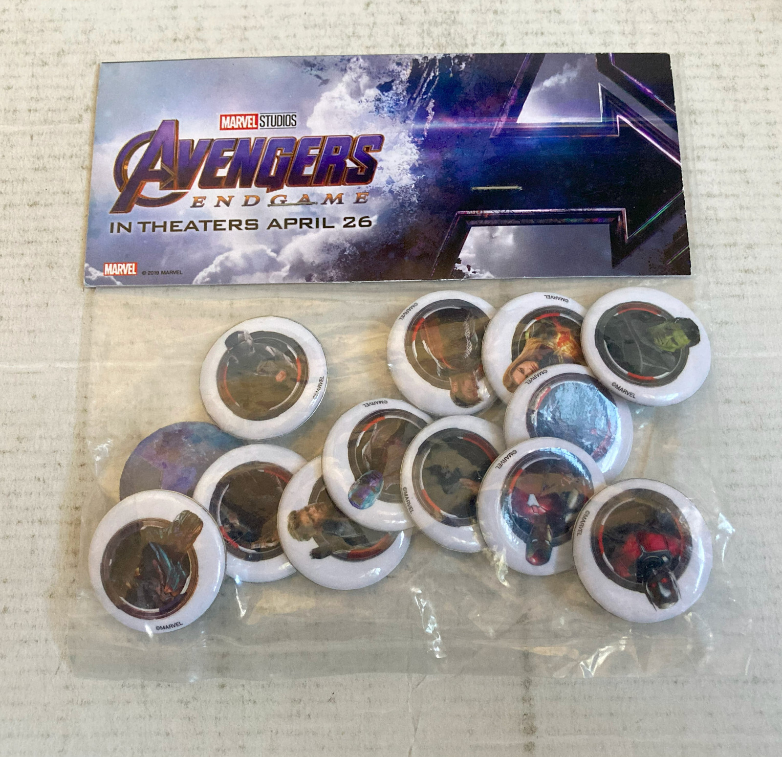 Avengers Endgame Button Set, Still Sealed in Bag, Marvel 2019