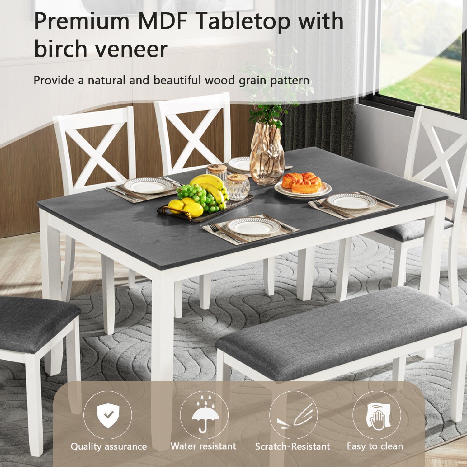 6 Piece Dining Table Set Wooden Dining Table Kitchen Table with 4 Chair & Benchs
