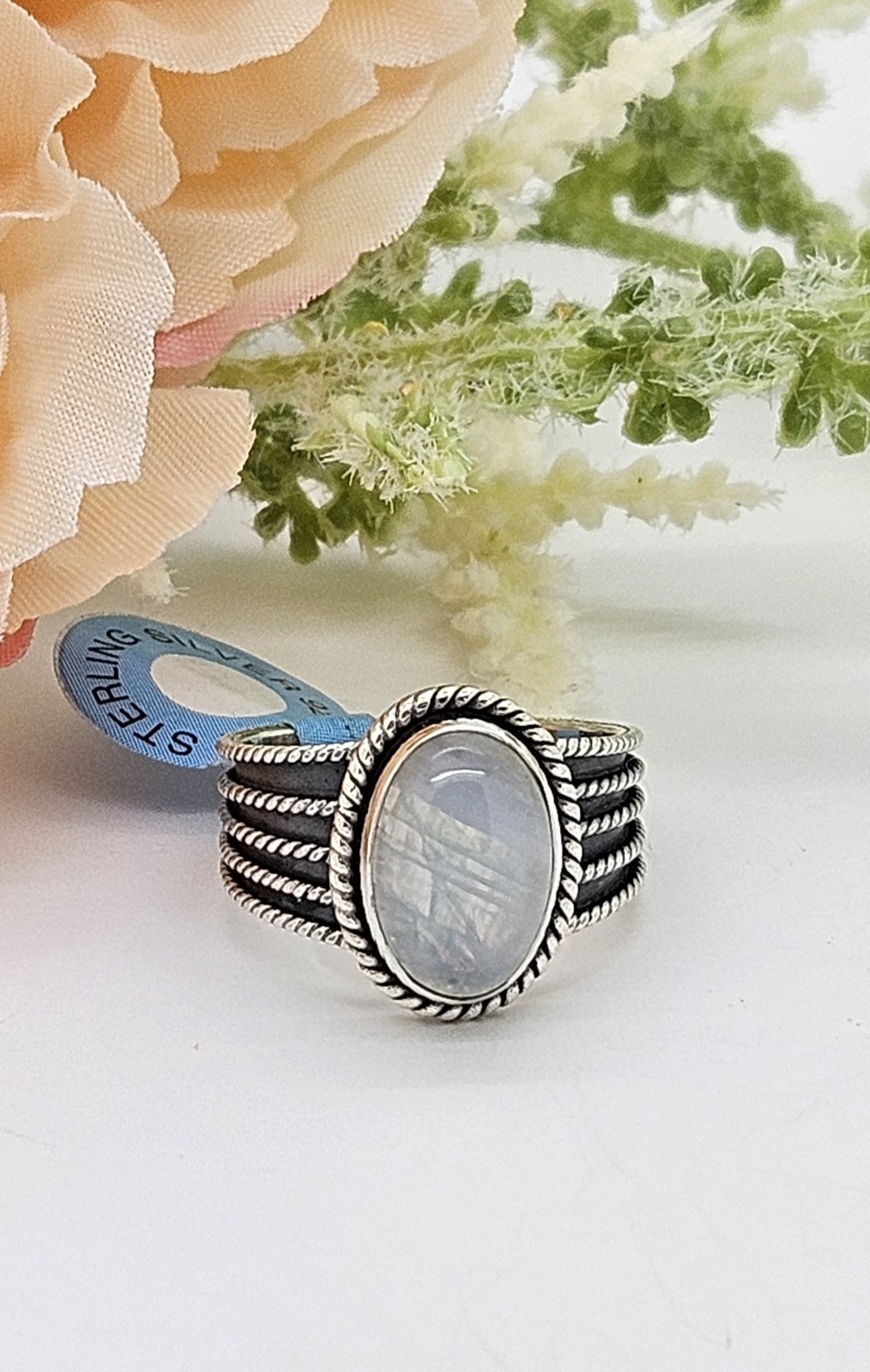 Moonstone Oval Ring Sterling Silver Sz 6 1/2