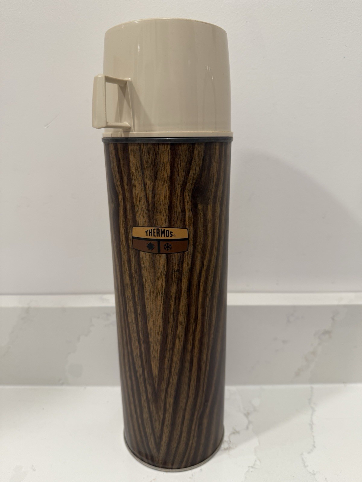Vintage Thermos Brand 9 1/2" Tall Faux Wood Grain Circa 1970's