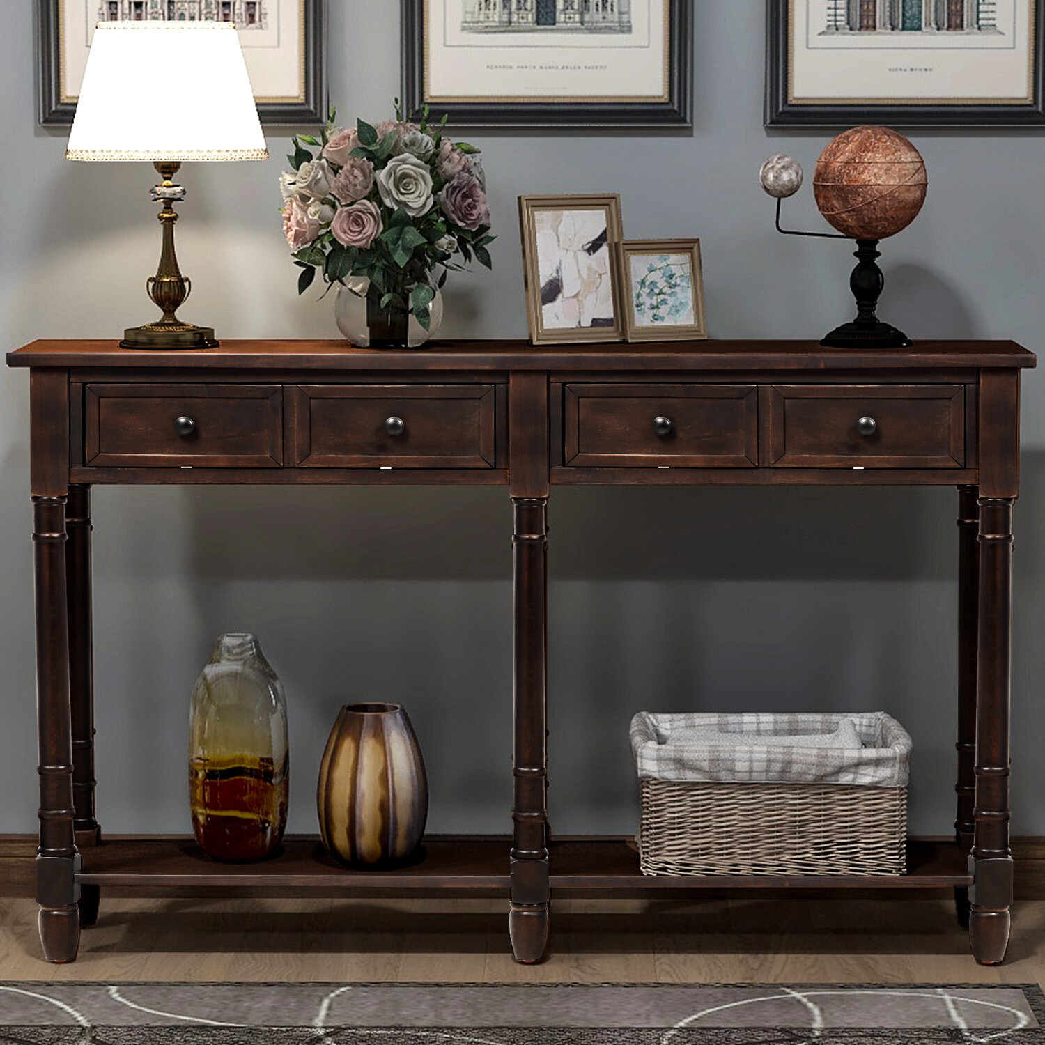 58" Wood Console Table Rustic Entryway Table w/Bottom Shelf & 2 Storage Drawers