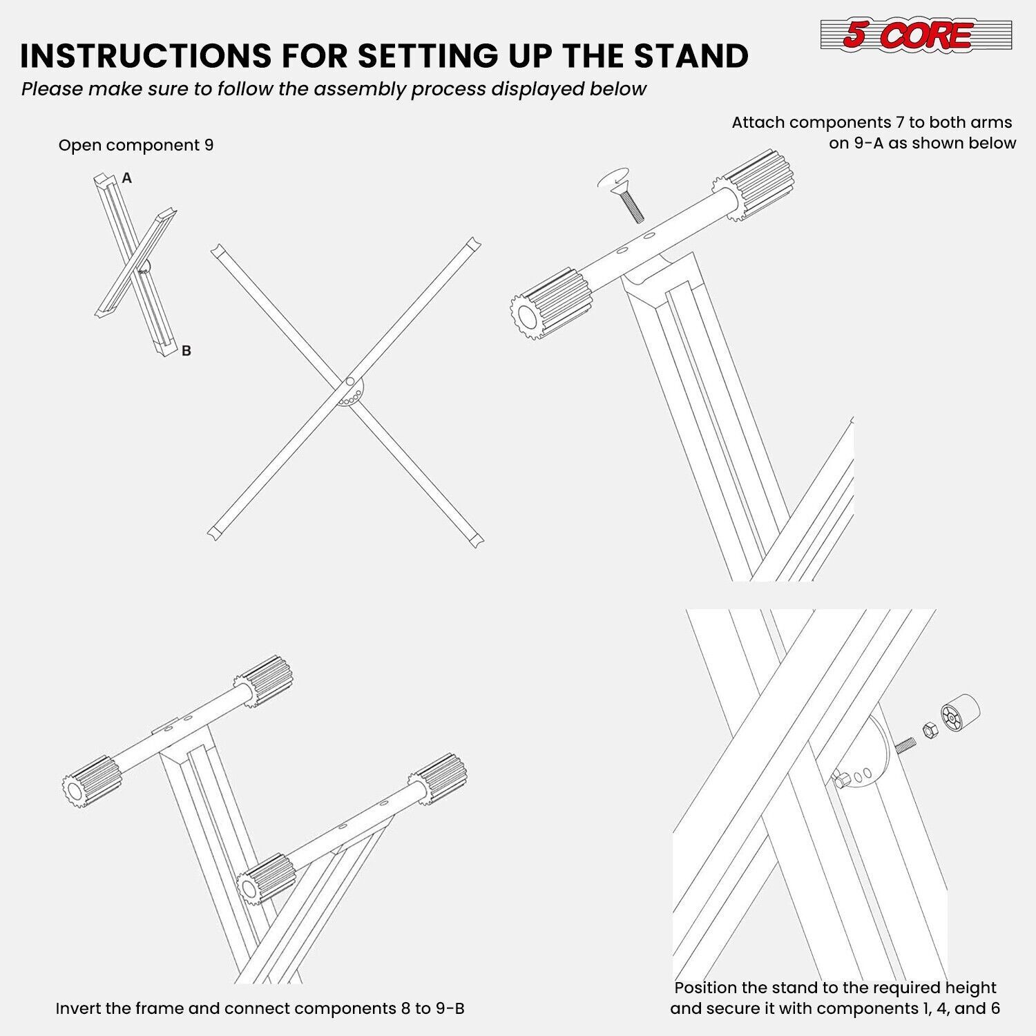 5Core Keyboard Stand Double X Style Adjustable Lift Piano Riser For 49 - 88 Keys