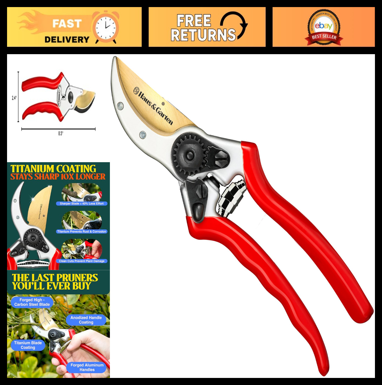 Premium 8.5" Titanium Bypass Pruning Shears - Heavy Duty Garden Clippers & Sciss