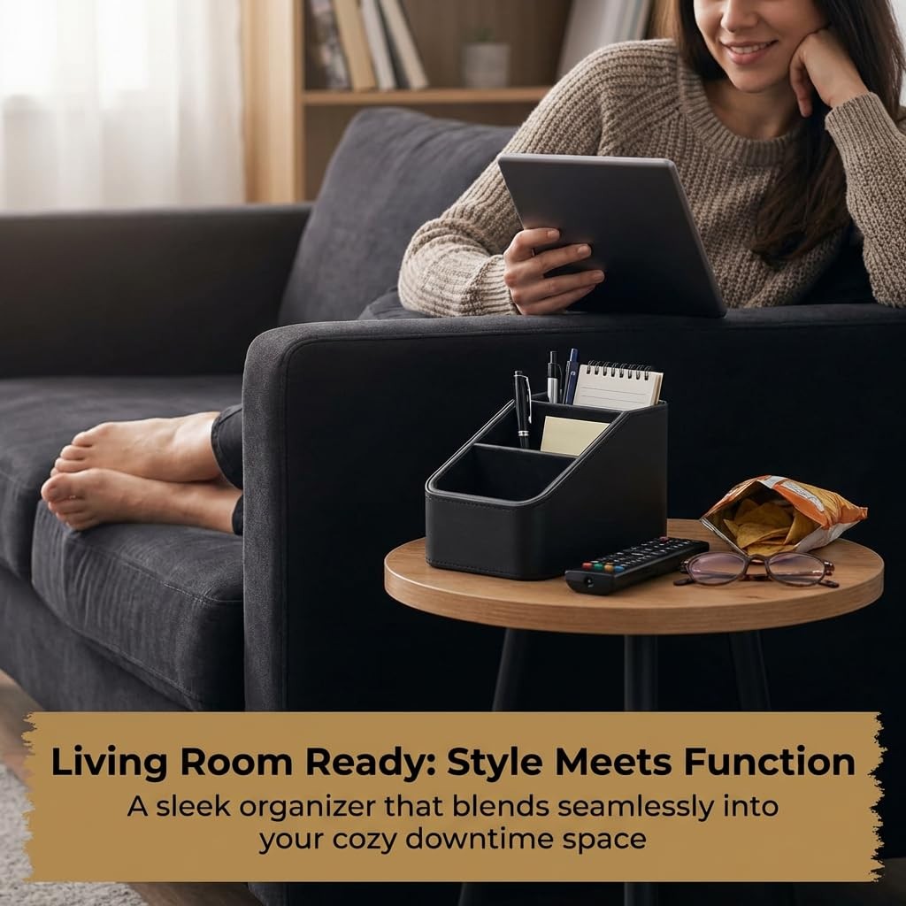TsicTolg PU Leather Remote Control Holder for Table, 3-Compartment Black