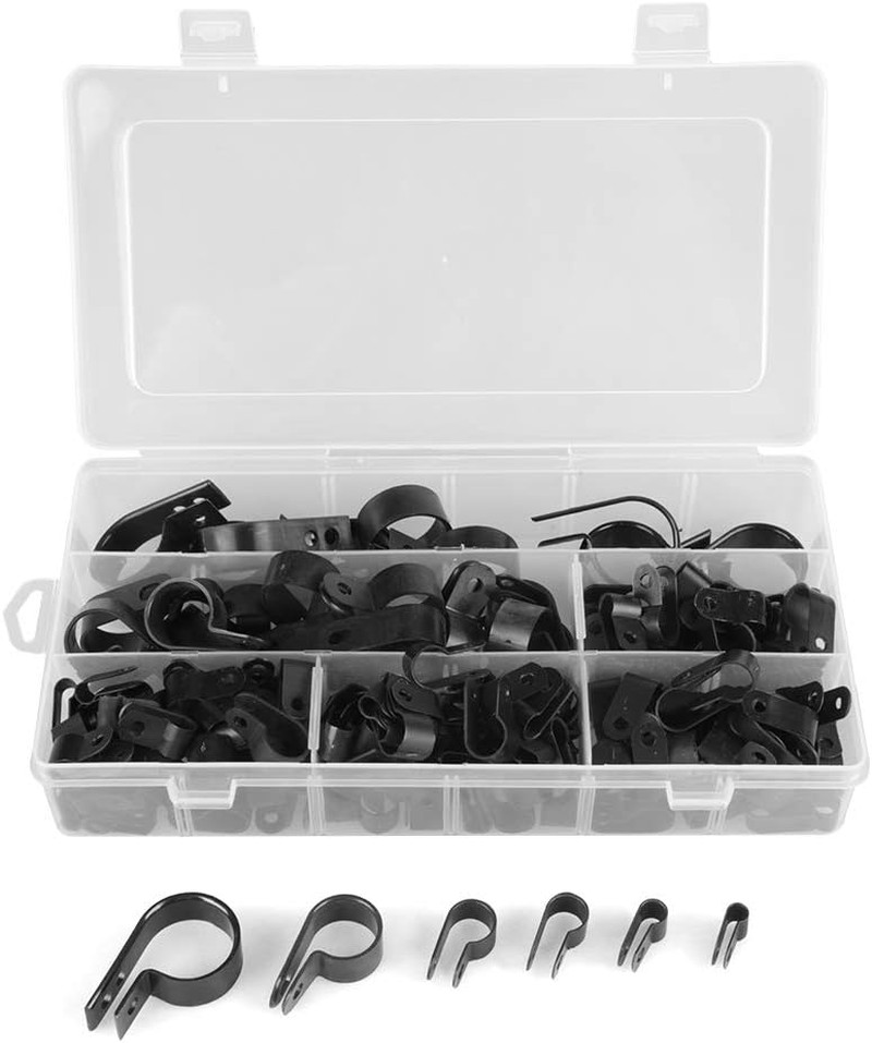 P Clamp, 200Pcs/Box Black Nylon Plastic P Clips Clamp Fasteners Assorted