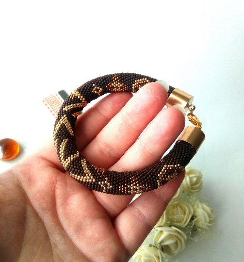 Bead Crochet bracelet Brown Gold Modern bracelet Beaded bracelet Unique bracelet