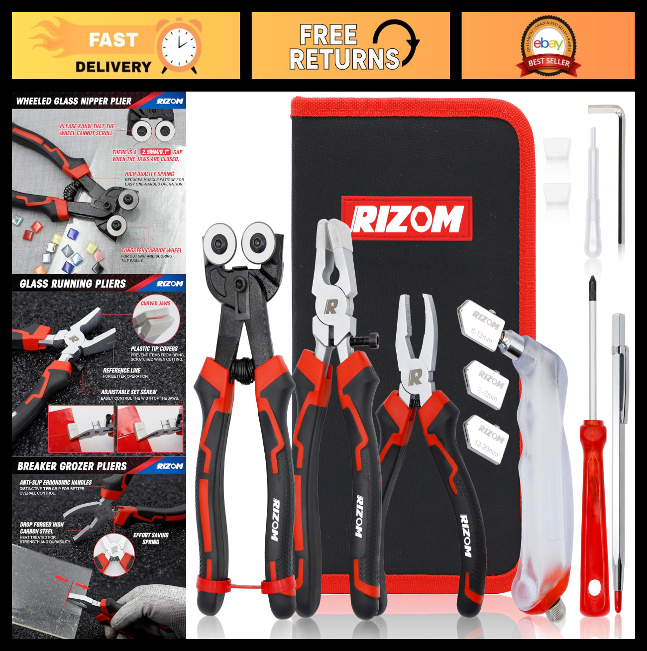 Glass Cutting Tool Kit - 2-20MM Glass Cutter, Tile Nippers, Running Pliers & Bre