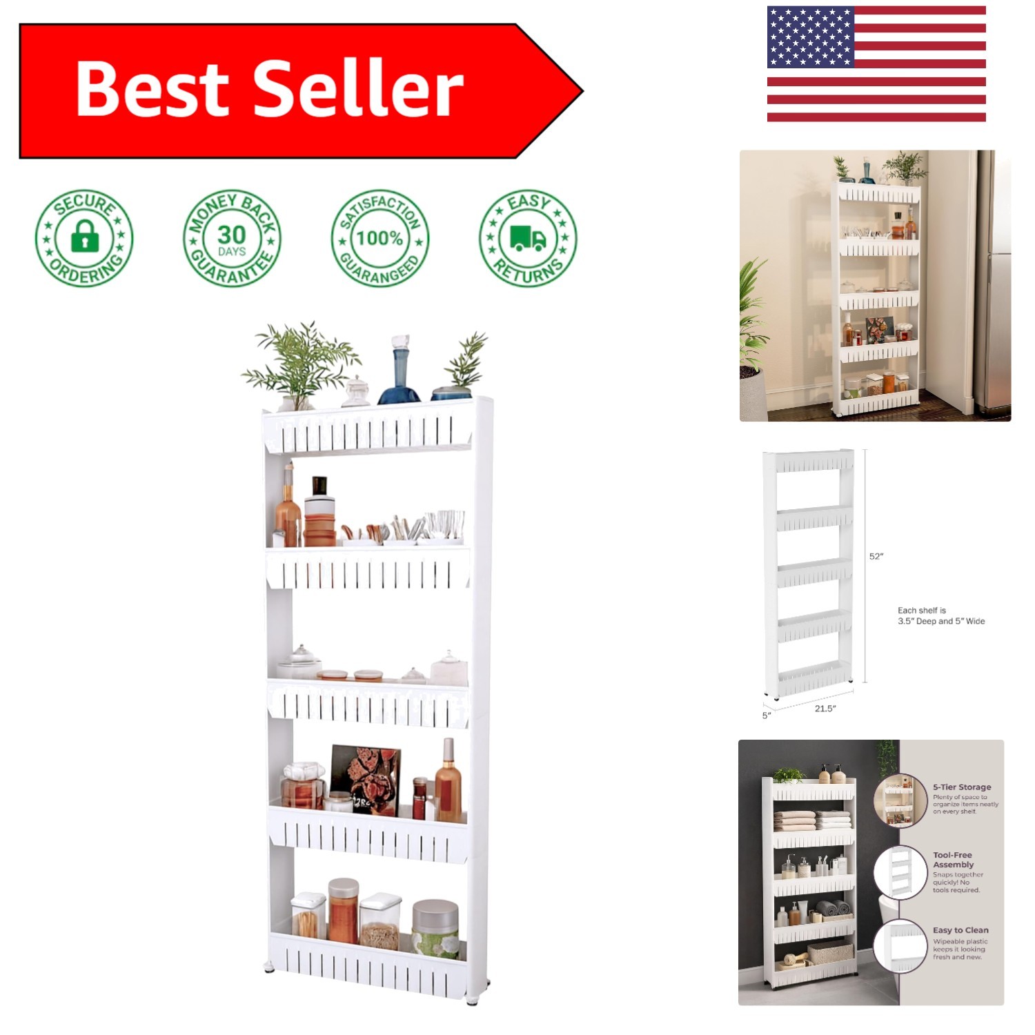Mobile 5-Tier Slim Storage Tower - Perfect for Tight Spaces & Easy Access