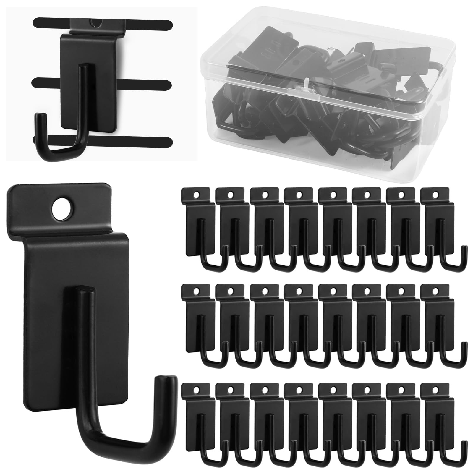 25 Pack J Shaped Slatwall Hooks, Gridwall Display Hooks, Black