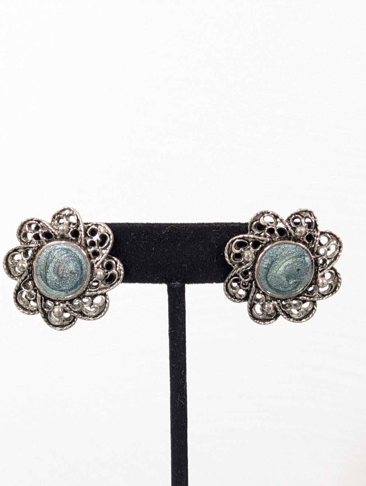 Silver Tone Green Swirl Enamel Flower Open Metal Work Earrings Pierced Retro
