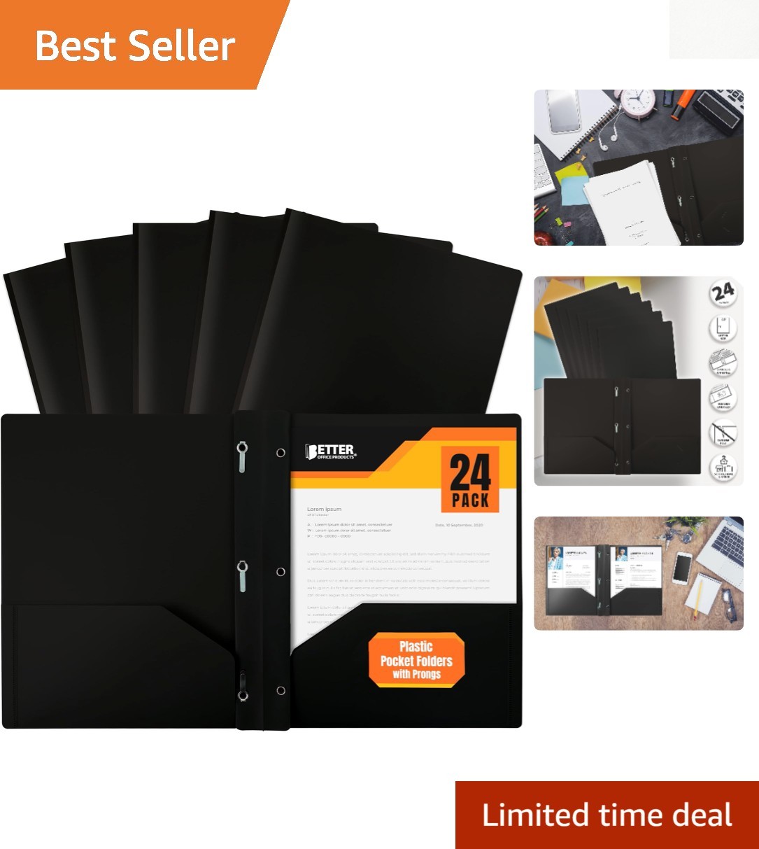 Professional Black Document Folders with Pockets & Prongs - 24 Pack for Teachers