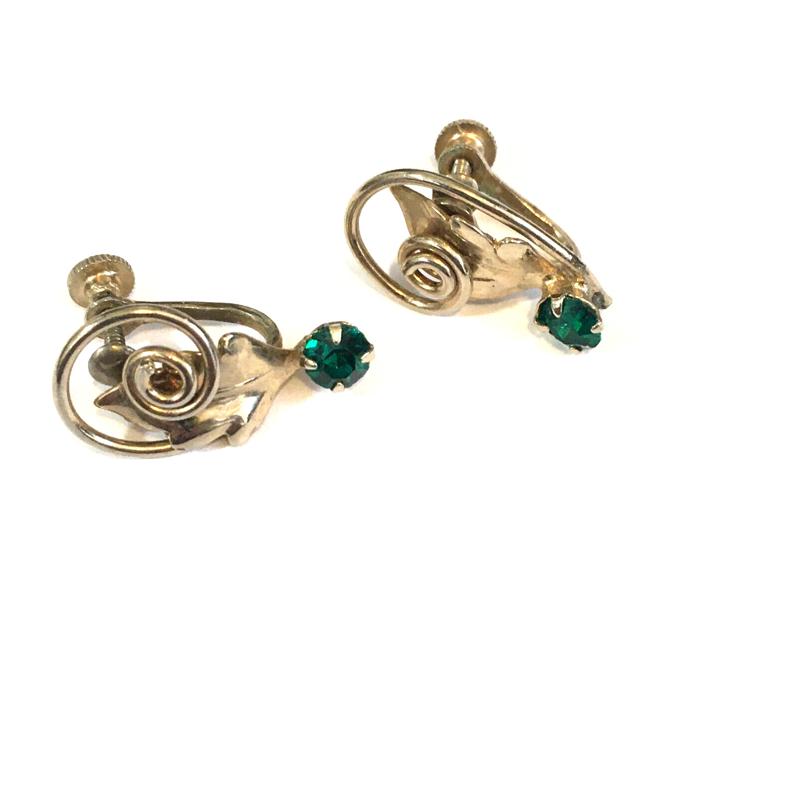 VINTAGE SILVER TONE SCREWBACK LEAF GREEN RHINESTONE PRONG EARRINGS HUGGIES 1"