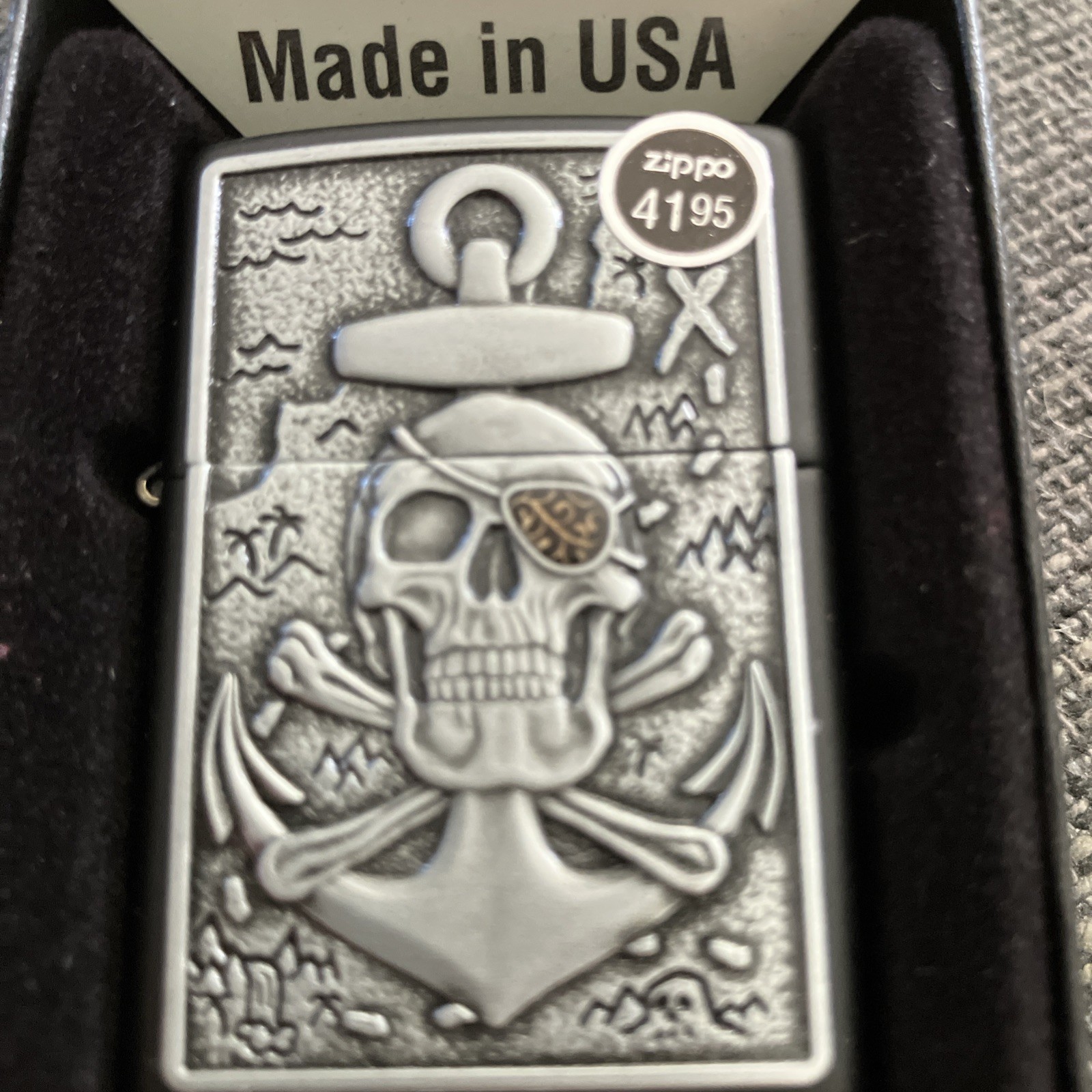 Zippo Skull & Anchor Pewter Emblem On Black Matte Collectible Light  New In Box