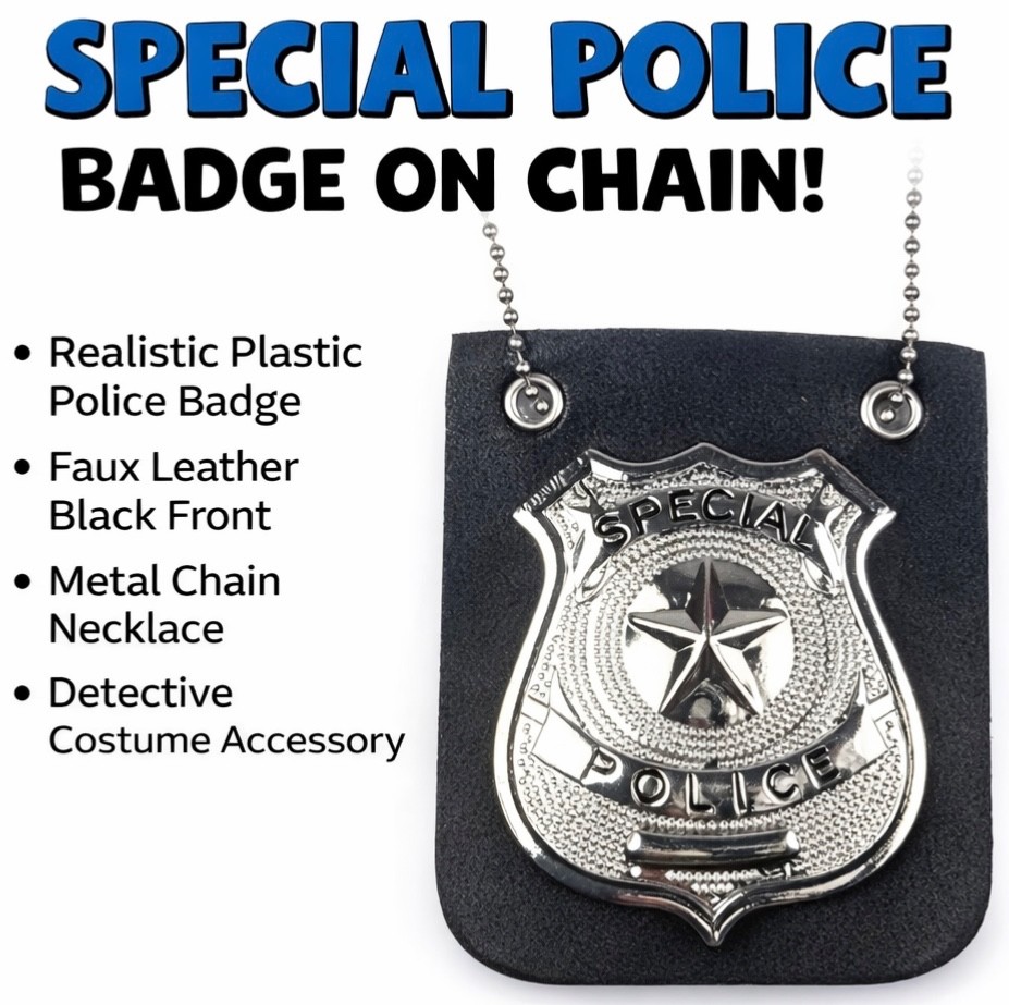 SPECIAL POLICE BADGE ON BLACK WALLET Play Silver Pin Chain Necklace Detective