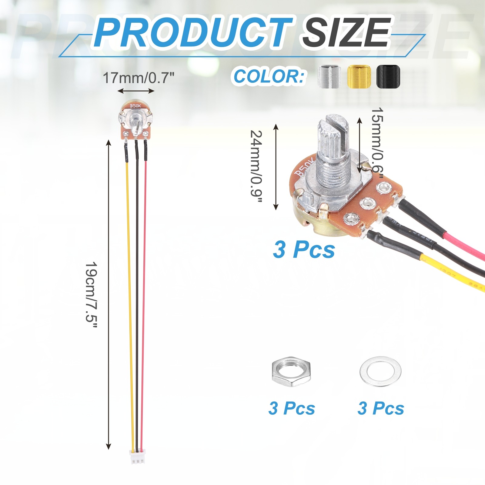 3Pcs WH-148 Potentiometer 3Pins B50K±20% Ohm Variable Resistor with 3 Knobs