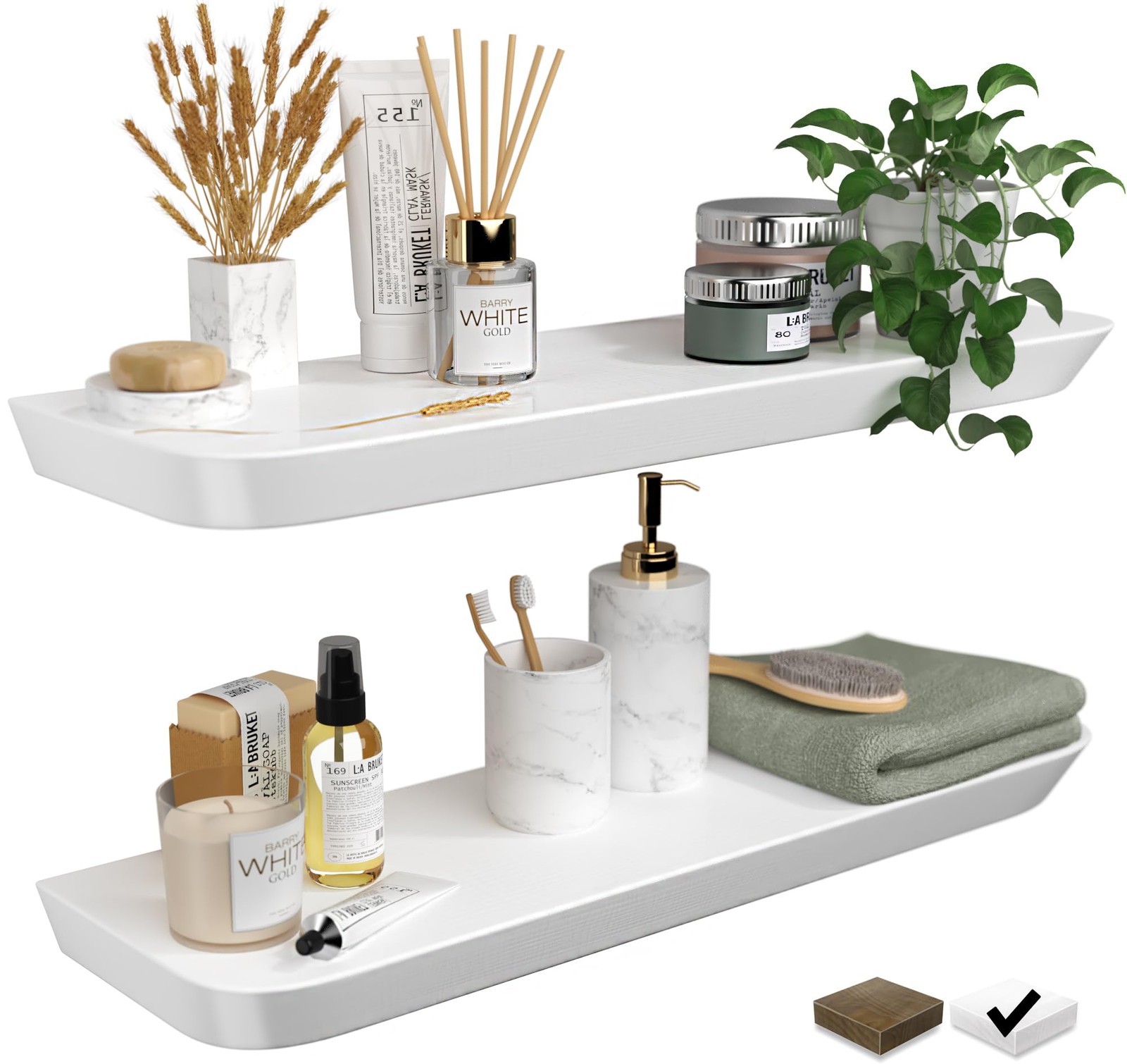 White Floating Shelves 24 inch (Set of 2) - Premium Wood Shelves - Natural Wo...