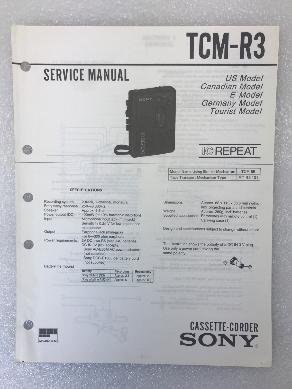 Original OEM Sony TCM-R3 Service Manual Repair Cassette Corder 1992