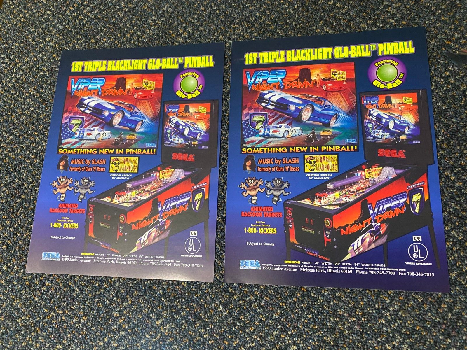 TWO 1998 SEGA FACTORY ORIGINAL VIPER NIGHT DRIVIN PINBALL FLYERS UNCIRCULATED
