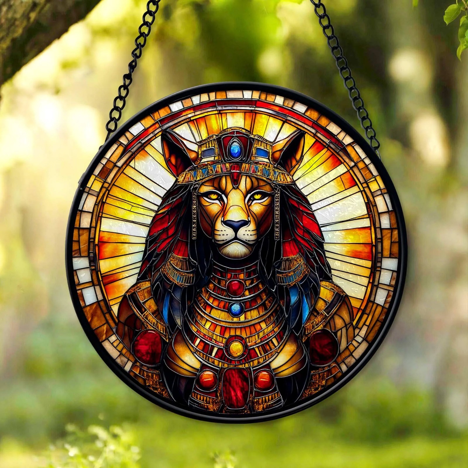 Sekhmet Faux Stained Glass Suncatcher Egyptian Lioness Goddess Art Decor Window