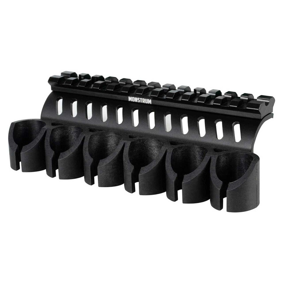 Mossberg 500 12 gauge pump picatinny rail shell carrier and reflex sight combo.
